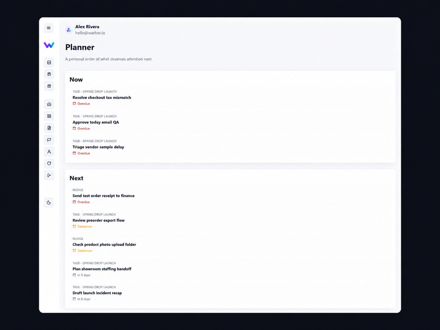 Warber personal task planner organized into Now and Next