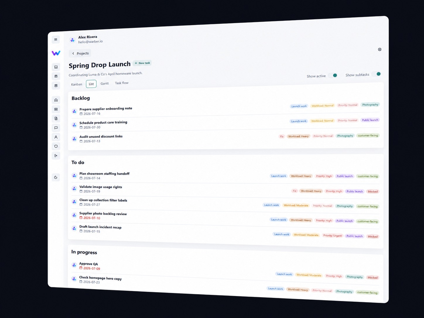Warber project management dashboard with tasks grouped by project status