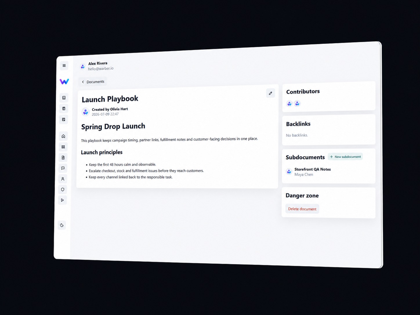 Warber project document with contributors and linked subdocuments
