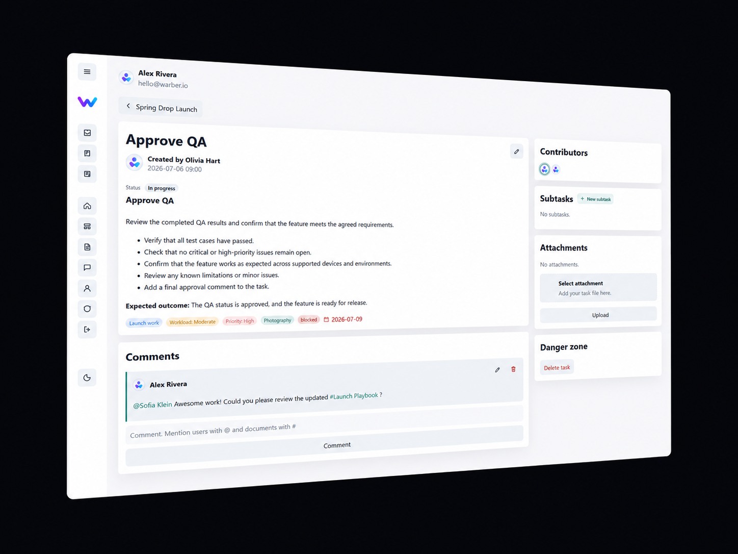 Warber task detail with contributors, subtasks, attachments and comments