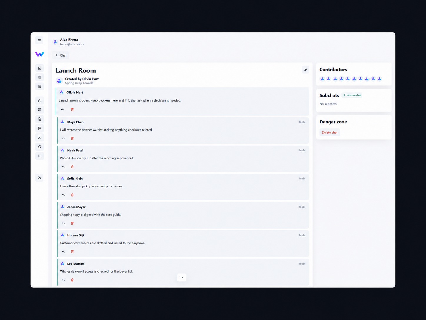 Warber team project chat with contributors and threaded replies